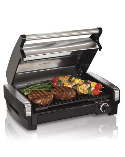 Hamilton Beach Electric Indoor Searing Grill with Adjustable Temperature Control to 450F, 118 sq. in. Surface Serves 6, Removable Nonstick Grate, Viewing Window, Stainless Steel