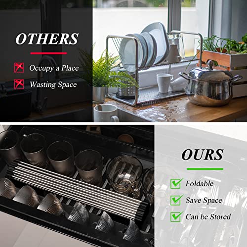 BRAQ Roll Up Dish Drying Rack 17.32" x 14.56" Portable Stainless Steel Sink Rack with 1 Storage Baskets Over The Sink Dish Drying Rack for Kitchen Dishes Cups