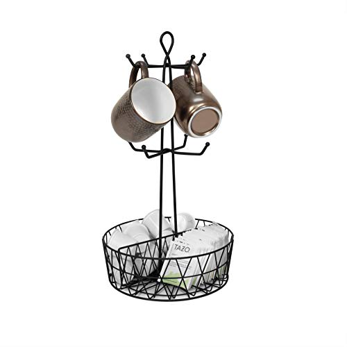 Spectrum Diversified Paxton 8 Holder & Coffee Station Organizer Rustic Twist Designed Coffee Rack & Coffee Accessory Storage, Mug Tree for Kitchens, Offices, Parties & More, Black