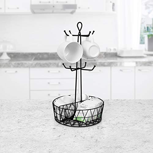 Spectrum Diversified Paxton 8 Holder & Coffee Station Organizer Rustic Twist Designed Coffee Rack & Coffee Accessory Storage, Mug Tree for Kitchens, Offices, Parties & More, Black