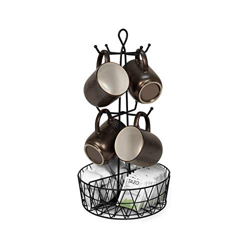 Spectrum Diversified Paxton 8 Holder & Coffee Station Organizer Rustic Twist Designed Coffee Rack & Coffee Accessory Storage, Mug Tree for Kitchens, Offices, Parties & More, Black