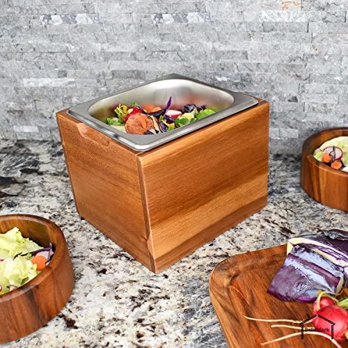 BelleMark Kitchen Compost Bin- Rust Proof Stainless Steel Insert, Countertop Compost Bin with Lid and Acacia Wood Box- Small Compost Bin Kitchen