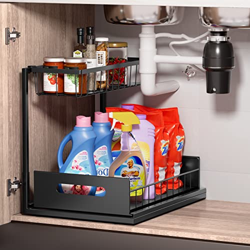 Under Sink Organizer, 2-Tier Pull Out Cabinet Organizer Slide Out Sliding Shelf Under Cabinet Storage Multi-Use for Under Kitchen Bathroom Sink Organizers and Storage