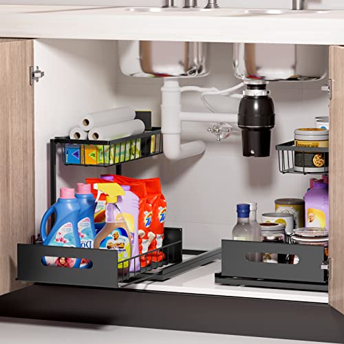 Under Sink Organizer, 2-Tier Pull Out Cabinet Organizer Slide Out Sliding Shelf Under Cabinet Storage Multi-Use for Under Kitchen Bathroom Sink Organizers and Storage