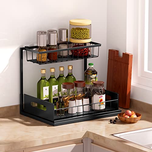 Under Sink Organizer, 2-Tier Pull Out Cabinet Organizer Slide Out Sliding Shelf Under Cabinet Storage Multi-Use for Under Kitchen Bathroom Sink Organizers and Storage