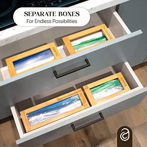 Ziplock Food Storage Bag Organizer - Different Combinations Possible with 4 Separate Plastic Bag Organizers for Drawer - Elegant and Sturdy Boxes with Laser Engraved Titles to Keep Kitchen Drawer Tidy