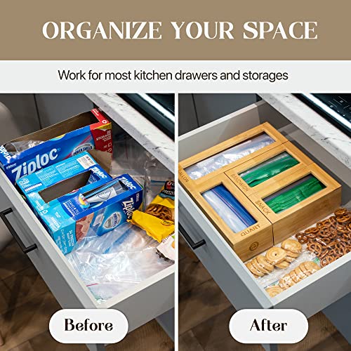 Ziplock Food Storage Bag Organizer - Different Combinations Possible with 4 Separate Plastic Bag Organizers for Drawer - Elegant and Sturdy Boxes with Laser Engraved Titles to Keep Kitchen Drawer Tidy