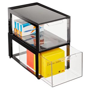 mdesign plastic stackable office storage organizer bin with pull out drawer for cabinet, desk, shelf, cupboard, cabinet, or closet organization – lumiere collection – 2 pack – black/clear