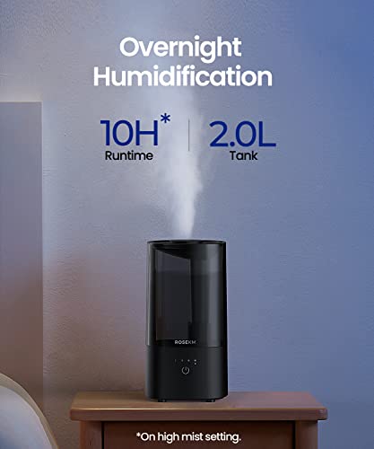 ROSEKM Humidifiers for Bedroom, 2.0L Cool Mist Humidifier for Plant and Baby Nursery, Small Quiet Air Humidifier, Ultrasonic, Filterless, Auto Shut-Off, Black