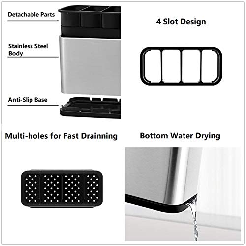 KESOL Kitchen Utensil Holder, Stainless Steel Utensil Drying Rack Flatware Holder Sinkware Caddy Countertop Organizer with 4 Divided Compartments, Rust Proof