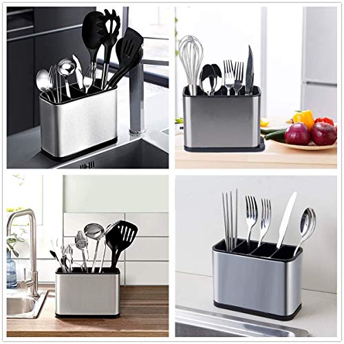 KESOL Kitchen Utensil Holder, Stainless Steel Utensil Drying Rack Flatware Holder Sinkware Caddy Countertop Organizer with 4 Divided Compartments, Rust Proof