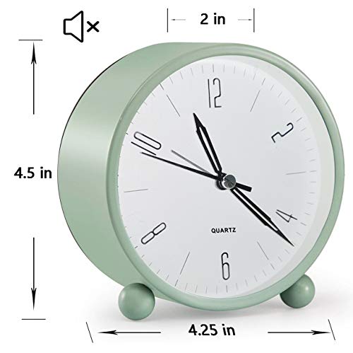 Analog Alarm Clock, 4 inch Super Silent Non Ticking Small Clock with Night Light, Battery Operated, Simply Design, for Bedroon, Bedside, Desk, (Green)
