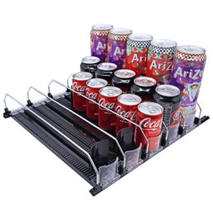 budo drink dispenser for fridge, soda can self-pushing organizer, adjustable width beer pop water bottle storage for refrigerator kitchen pantry (15inch, 5 rows)