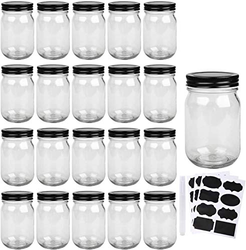 Mason Jars,Glass Jars With Lids 12 oz,Canning Jars For Pickles And Kitchen Storage,Wide Mouth Spice Jars With Black Lids For Honey,Caviar,Herb,Jelly,Jams,Set of 20…