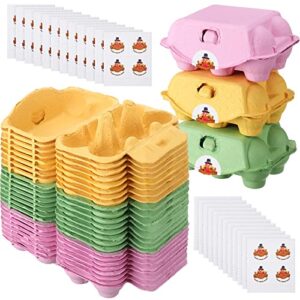 24 pcs easter colorful pulp paper egg cartons with 24 pieces stickers egg tray holder reusable egg box half dozen storage containers baskets for farm family travel, 3 colors