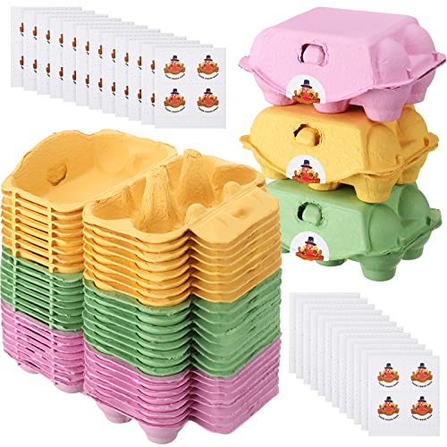 24 Pcs Easter Colorful Pulp Paper Egg Cartons with 24 Pieces Stickers Egg Tray Holder Reusable Egg Box Half Dozen Storage Containers Baskets for Farm Family Travel, 3 Colors