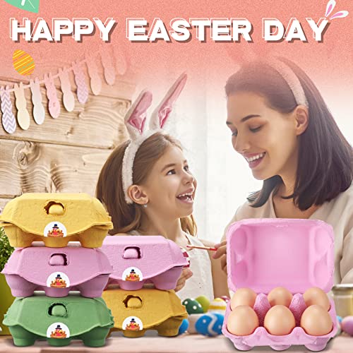 24 Pcs Easter Colorful Pulp Paper Egg Cartons with 24 Pieces Stickers Egg Tray Holder Reusable Egg Box Half Dozen Storage Containers Baskets for Farm Family Travel, 3 Colors