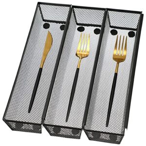 3 pack silverware drawer organizer mesh utensil organizer for kitchen drawer, silverware tray with interlocking arm narrow utensil holder for flatware spoon knife fork pen, 12 x 3 x 2 inch, black