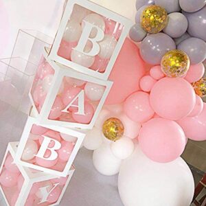Baby Shower Boxes Party Decorations – 4 pcs Transparent Balloons Boxes Décor with Letters, Individual BABY Blocks Design for Boys Girls Baby Shower Decorations Gender Reveal Bridal Showers Birthday Party Backdrop