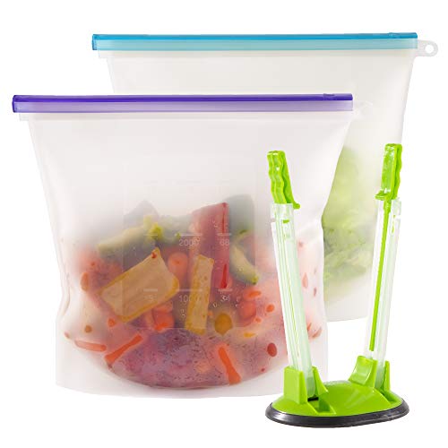 WeeSprout Silicone Reusable Food Storage Bags - Leakproof & Airtight Freezer Bags (Two 16 Cup Bags), Freezer & Microwave Friendly, Freeze Leftovers, Marinate Meat, Store Dry Goods, Bonus Bag Stand