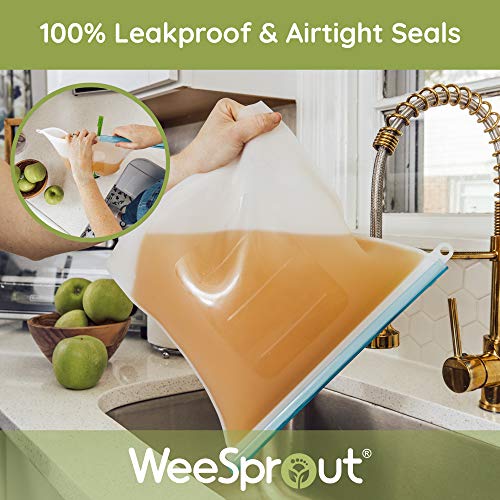 WeeSprout Silicone Reusable Food Storage Bags - Leakproof & Airtight Freezer Bags (Two 16 Cup Bags), Freezer & Microwave Friendly, Freeze Leftovers, Marinate Meat, Store Dry Goods, Bonus Bag Stand