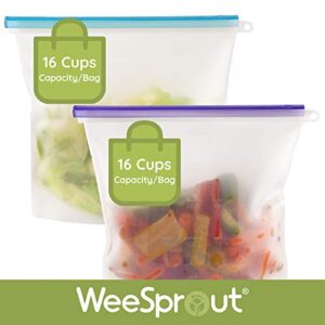 WeeSprout Silicone Reusable Food Storage Bags - Leakproof & Airtight Freezer Bags (Two 16 Cup Bags), Freezer & Microwave Friendly, Freeze Leftovers, Marinate Meat, Store Dry Goods, Bonus Bag Stand