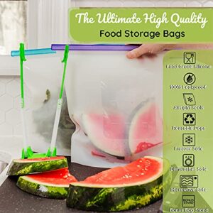 WeeSprout Silicone Reusable Food Storage Bags - Leakproof & Airtight Freezer Bags (Two 16 Cup Bags), Freezer & Microwave Friendly, Freeze Leftovers, Marinate Meat, Store Dry Goods, Bonus Bag Stand