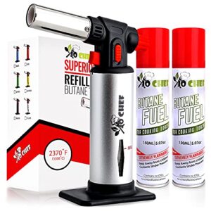 kitchen torch with butane included – refillable butane torch with safety lock & adjustable flame + fuel gauge – culinary torch, creme brulee torch for cooking food, baking, bbq, 2 cans included