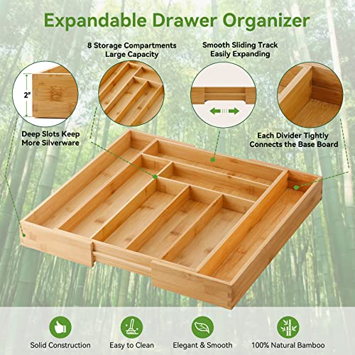 Secura Bamboo Expandable Drawer Organizer, Silverware Utensil Holder and Cutlery Tray for Kitchen, Office, Bathroom and Home (8 Expandable Compartments)