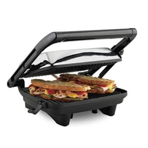 hamilton beach electric panini press grill with locking lid, opens 180 degrees for any sandwich thickness (25460a) nonstick 8″ x 10″ grids chrome finish, medium