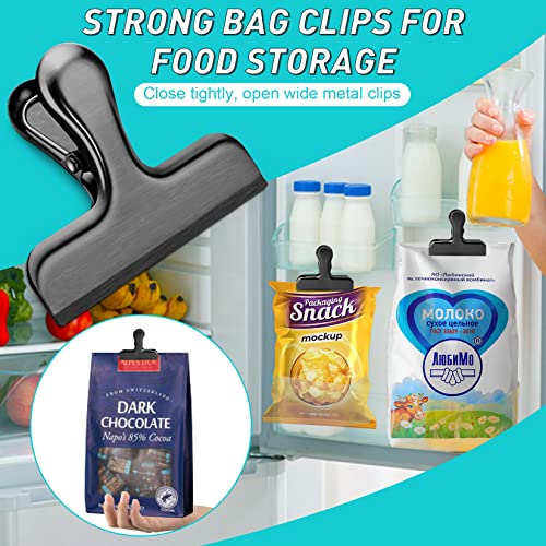 Funfery 8 Pack Stainless Steel Black Chip Clips 3" Bag Clips Food Clip Kitchen Clips for Snack,Large Clips for Food Packages,Food Clips Snack Clips,Metal Chip Clips for Home and Kitchen Organization