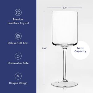 Square Wine Glasses Set of 4 - Crystal Wine Glasses 14oz in Gift Packaging - Large Red Wine Glass on Long Stem - Unique Modern Shape - Lead-Free - For White & Red Wine