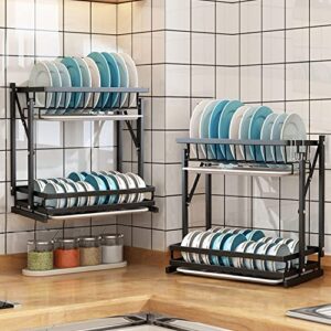 LIHONG Foldable Stainless Steel 2 Tier Dish Drying Rack,Dish Drainer with Drainboard Set for Kitchen Counter