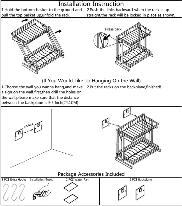 LIHONG Foldable Stainless Steel 2 Tier Dish Drying Rack,Dish Drainer with Drainboard Set for Kitchen Counter