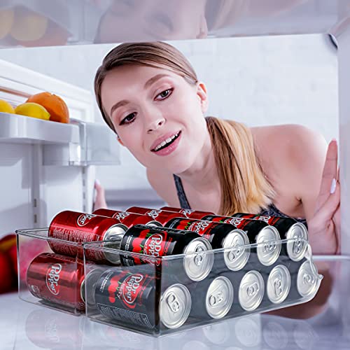 Refrigerator Organizer Bins Pop Soda Can Dispenser Clear Plastic Canned Drink Holder Storage for Fridge, Freezer, Kitchen, Countertops, Cabinets (2)