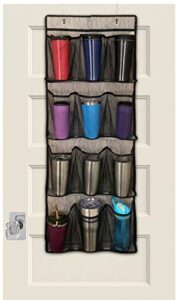 jokari tumbler and bottle storage organizer door rack holds large water and drinking containers with a unique over the door shelf system with mesh net sleeves that hangs perfect in a kitchen pantry