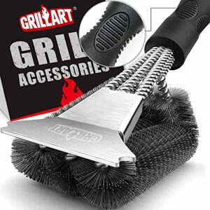 grillart grill brush and scraper, extra strong bbq cleaner accessories, safe wire bristles 18″ barbecue triple scrubbers cleaning brush for gas/charcoal grilling grates, wizard tool br-8115