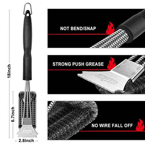 GRILLART Grill Brush and Scraper, Extra Strong BBQ Cleaner Accessories, Safe Wire Bristles 18" Barbecue Triple Scrubbers Cleaning Brush for Gas/Charcoal Grilling Grates, Wizard Tool BR-8115