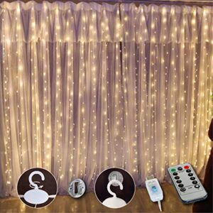 sinamer white curtain light for bedroom, 300 led 9.8ft x 9.8ft curtain string light with 16 hooks, 8 models remote control, window fairy light with usb for wedding party home garden indoor decorations