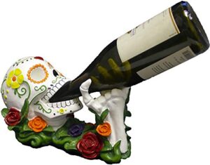 world of wonders sugar skull day of the dead decorative wine bottle holder | dia de los muertos decorations and tabletop halloween decorations | skull decor for home – 11″