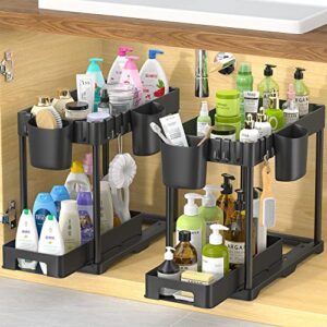 hinzer under sink organizers and storage, slide out kitchen cabinet organizer 2 tier bathroom counter organizer with hooks, hanging cups, dividers, multipurpose cleaning supplies organizer for home