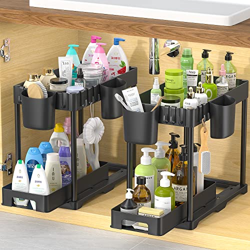 HINZER Under Sink Organizers and Storage, Slide Out Kitchen Cabinet Organizer 2 Tier Bathroom Counter Organizer with Hooks, Hanging Cups, Dividers, Multipurpose Cleaning Supplies Organizer for Home