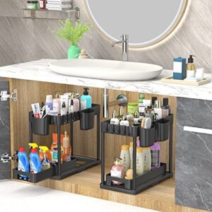 HINZER Under Sink Organizers and Storage, Slide Out Kitchen Cabinet Organizer 2 Tier Bathroom Counter Organizer with Hooks, Hanging Cups, Dividers, Multipurpose Cleaning Supplies Organizer for Home