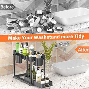 HINZER Under Sink Organizers and Storage, Slide Out Kitchen Cabinet Organizer 2 Tier Bathroom Counter Organizer with Hooks, Hanging Cups, Dividers, Multipurpose Cleaning Supplies Organizer for Home