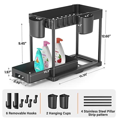 HINZER Under Sink Organizers and Storage, Slide Out Kitchen Cabinet Organizer 2 Tier Bathroom Counter Organizer with Hooks, Hanging Cups, Dividers, Multipurpose Cleaning Supplies Organizer for Home