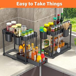 HINZER Under Sink Organizers and Storage, Slide Out Kitchen Cabinet Organizer 2 Tier Bathroom Counter Organizer with Hooks, Hanging Cups, Dividers, Multipurpose Cleaning Supplies Organizer for Home