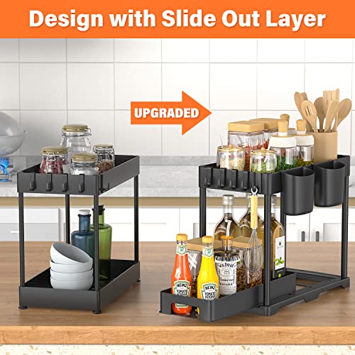 HINZER Under Sink Organizers and Storage, Slide Out Kitchen Cabinet Organizer 2 Tier Bathroom Counter Organizer with Hooks, Hanging Cups, Dividers, Multipurpose Cleaning Supplies Organizer for Home