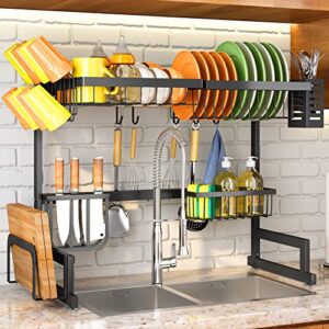 sntd over the sink dish drying rack, width adjustable (26.8″ to 34.6″) 2 tier dish rack drainer for kitchen counter organization and storage, utensil sponge holder sink caddy dryer rack black