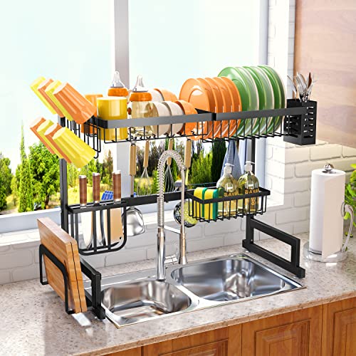 SNTD Over The Sink Dish Drying Rack, Width Adjustable (26.8" to 34.6") 2 Tier Dish Rack Drainer for Kitchen Counter Organization and Storage, Utensil Sponge Holder Sink Caddy Dryer Rack Black
