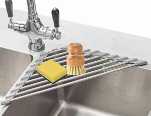 fafcitvz triangle dish drying rack multipurpose roll-up drying rack for sink corner stainless steel over the sink corner dish drainer mat for kitchen (grey)
